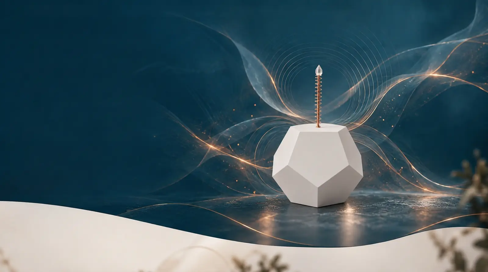 Ethérion blanc, dodécaèdre à antenne de cuivre, entouré de filaments de lumière dorée dans une atmosphère bleu profond